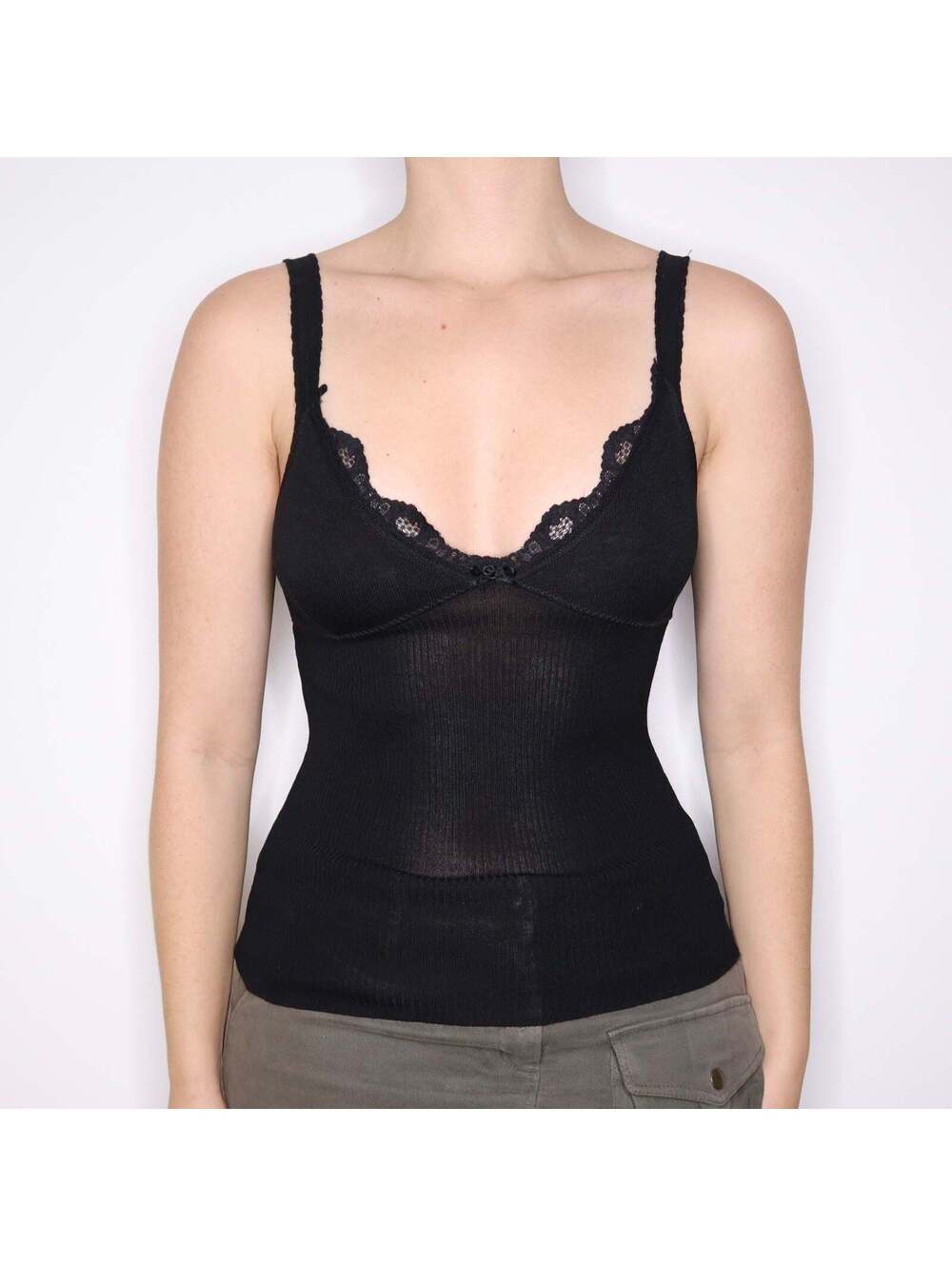Y2K Italian Brand Black Lace Trim Tank Top (S)